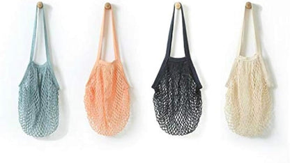 4 Pack Portable Reusable Grocery Bags - Washable Cotton Mesh String, Organic Shopping Handbag, Long Handle Net Tote