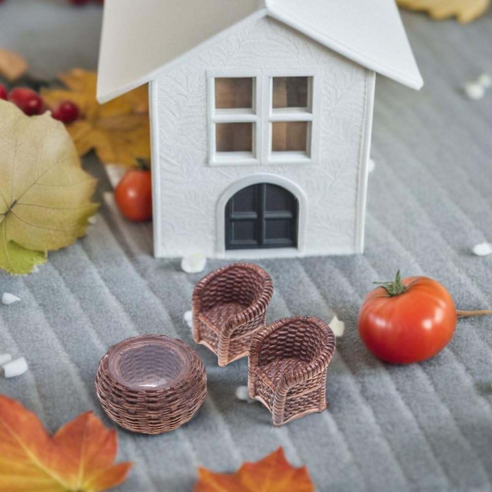 DOITOOL Miniature Table and Chairs Set: 1:12 Scale Miniature Dollhouse Accessories Mini Rattan Table and Chairs Dollhouse Furniture for Fairy Garden Micro Landscape Decoration