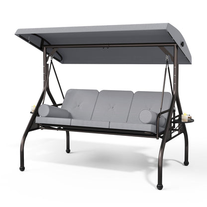 Patiomore 3 Seat Outdoor Porch Swing Chair, Adjustable Canopy Swing Bench, Convertible Backrest Swing Bed with Thicken Cushions, Pillow & Cup Hold (Grey), Gray