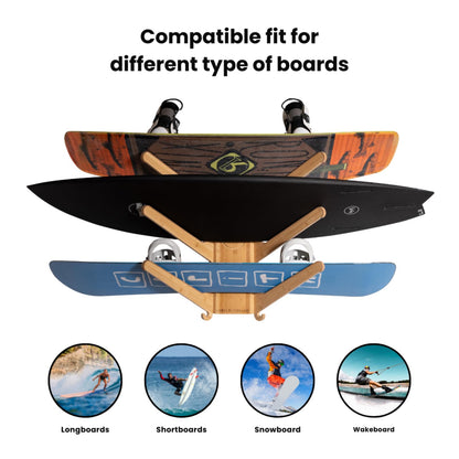 LISS The Sun Rack - Premium Wood Surfboard Wall Mount Rack Display, Ski, Snowboard Holder for 3 Boards for Garage & Home Storage with Built-In Drawer & Hooks for Longboards Shortboards, Wakeboards