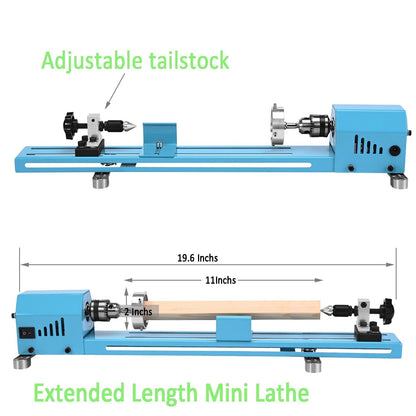 Mini Wood Lathe Machine Multi-Purpose Upgraded And Lengthened Processing Diameter 11inch Support Turning Cutting Sanding Polishing Wood, Professional Customized Tool Accessories