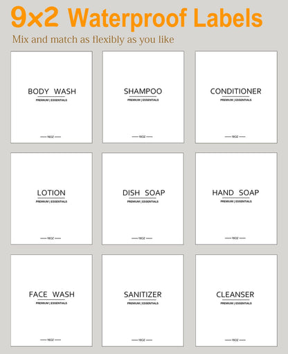 Frosted Plastic Shampoo and Conditioner Bottles, Apothecary Dispenser Bamboo Pump, Refillable Bottles for Shower Lotion, Oil, Hand Soap, Sanitizer, Liquid Soap, Set of 3 with 9 Labels (6, Matte Amber)