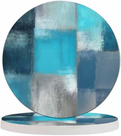 Pznen 2 Pcs,4 Inch Turquoise and Grey Abstract Art Brush Coasters for Drinks Modern Artwork Doodle Classic Grain