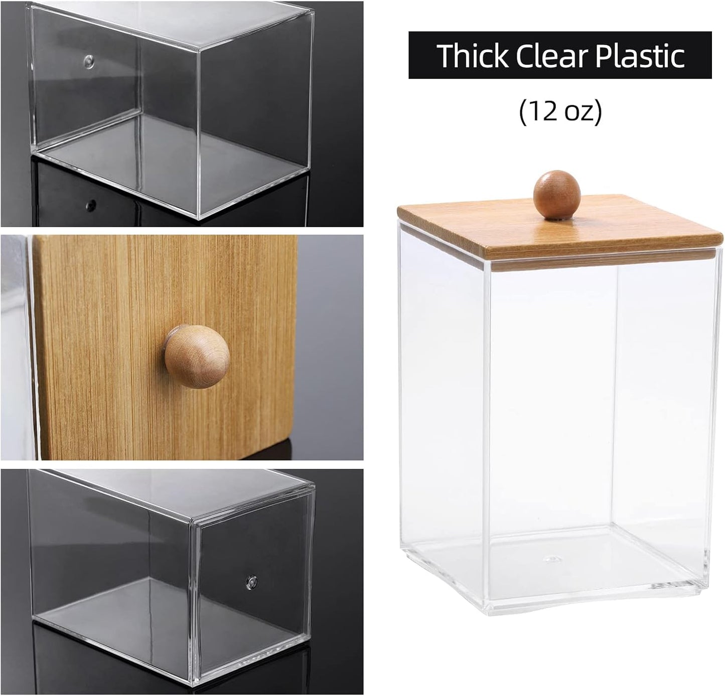 Tbestmax Square Qtip Holder Set - 12 oz Plastic Bathroom Organizers with Bamboo Lids for Cotton Balls & Swabs