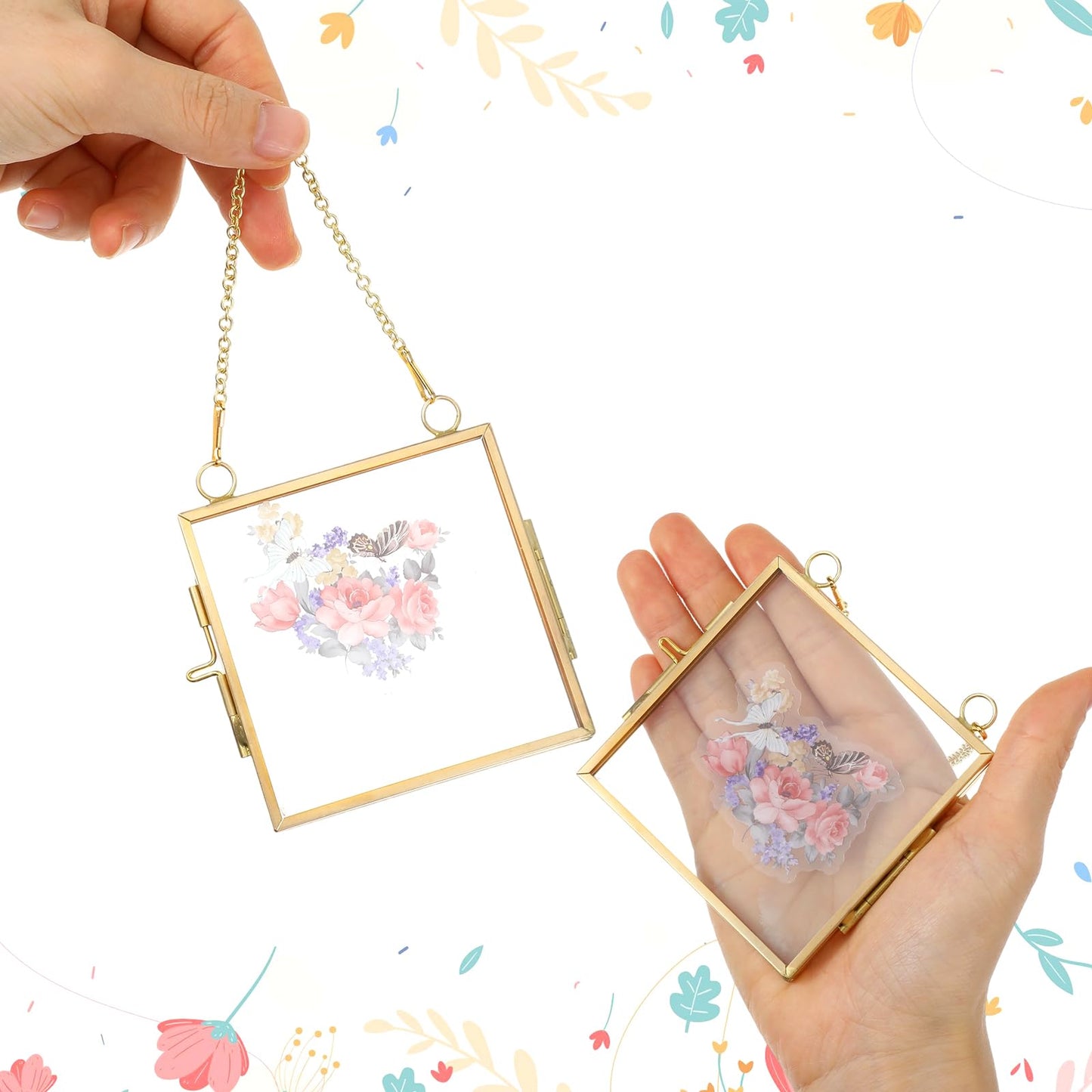 6 Pcs Mini Double Glass Pressed Flower Photo Frame Craft with Chain, 2.36" and 3.14" Small Square Glass Flower Frame for Christmas Handicraft Home Decor Gallery Artwork