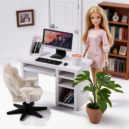 DIYDEC 1:12 Scale Miniatures Office Desk Set 14pcs Dollhouse Office Including Mini Computers Desks Office Chair Keyboard Mouse Folder Books Potted Plants for Tiny Stuff Dollhouse Figurines
