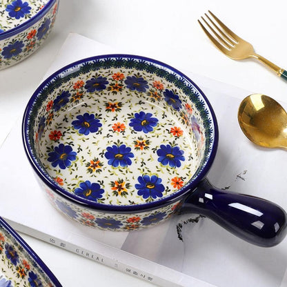 Vintage Style Blue Flowers Pottery Bakeware, Ceramic Casserole Dish, 20 OZ, 1 PCS