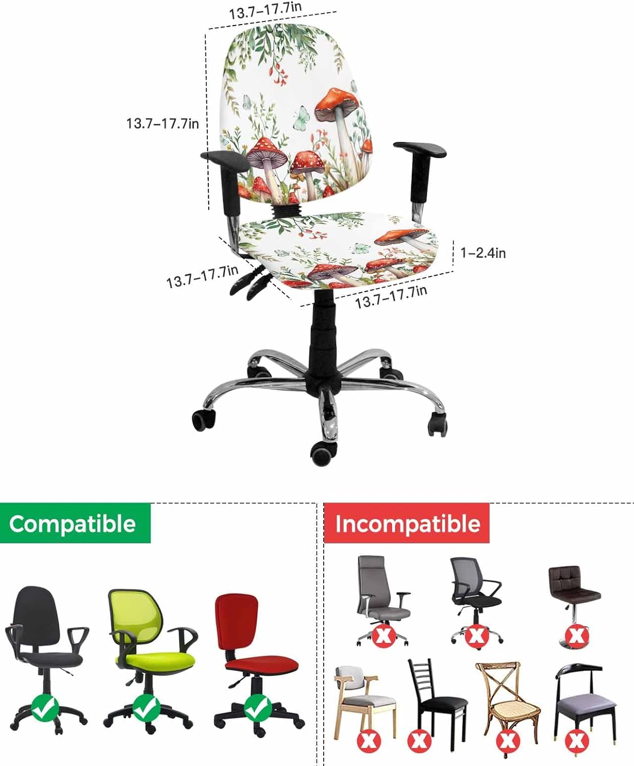 Mushroom Eucalyptus Office Chair Covers, Stretchable 2 Piece, Soft Decorative Computer Desk Chair Cover Protector,