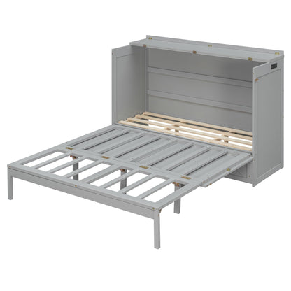 Merax Queen Size Murphy Cabinet Bed with Storage Drawers, Wall Murphy Bed with a Set of Sockets & USB Ports, Folding Platform Bed for Small Room