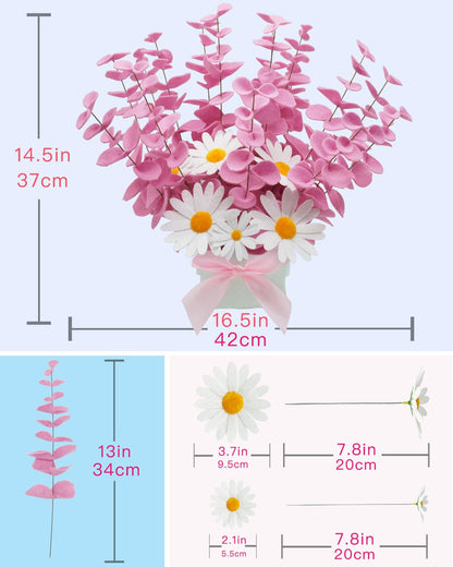 BAZIMA Felt Eucalyptus Daisy Bouquet,Felt Flowers,Multi-Color Felt Leaves,DIY Bouquet,Artificial Flower Bouquet with Flower Pot,Floral Gifts,15 Eucalyptus and 8 Daisies kit (Pink)