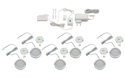 SEBSON LED Cabinet Lights, Set of 6, Non-Touch, Dimmable, IR Sensor, Warm White 3000 K, 6X 2 W, 6X 130 lm, Round, Ultra Flat 8 mm, Aluminium