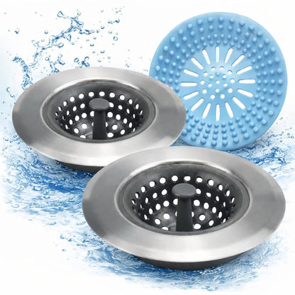 2 Pack Silicone Sink Drain Strainer, Flexible Kitchen Sink Strainer Basket with Metal Rim, 4.5 Inch Drain Catcher & Food Stopper, Free Shower Drain Cover