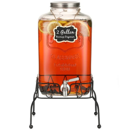2 Gallon Glass Drink Dispenser with Stand, Stainless Steel Leakproof Spigot and Lid, Glass Drink Dispensers for Parties, Water Beverage Dispenser