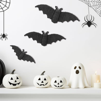 Beeveer 3 Pcs Woven Rattan Bat Wall Hanging Halloween Decor, 3D Scary Handcrafted Black Rope Bats, Rustic Natural Farmhouse Halloween Creepy Decorations for Home Fireplace Door, 9.06/7.48/5.91 Inch