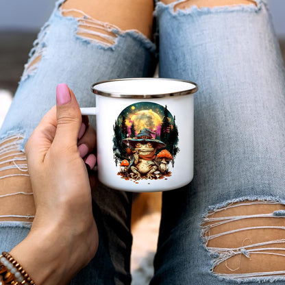 Wizard Frog Enamel Camp Mug, Celestial Nature Outdoor Camping Coffee Cup, Mystical Moon Stars, 12oz Goblinecore Gifts