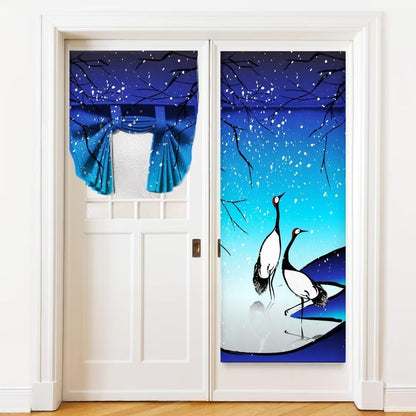 Door Curtains for Windows - Japanese Crane Printed Curtains for French Glass Door, 26 x 40 inch Tie Up Curtains