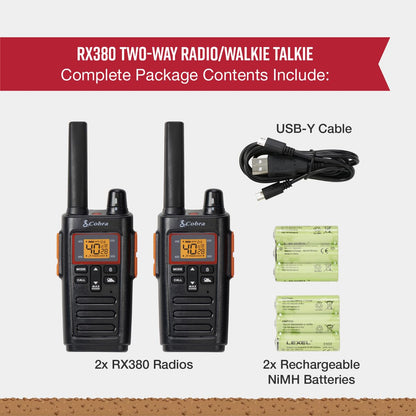 Cobra RX680 Walkie Talkies (2-Pack) - Rugged & Splashproof Two Way Radios Long Range, IP54 Water Resistant Design, 60 Pre-Programmed Channels, Weather Alerts, Included Charging Dock (Black/Orange)