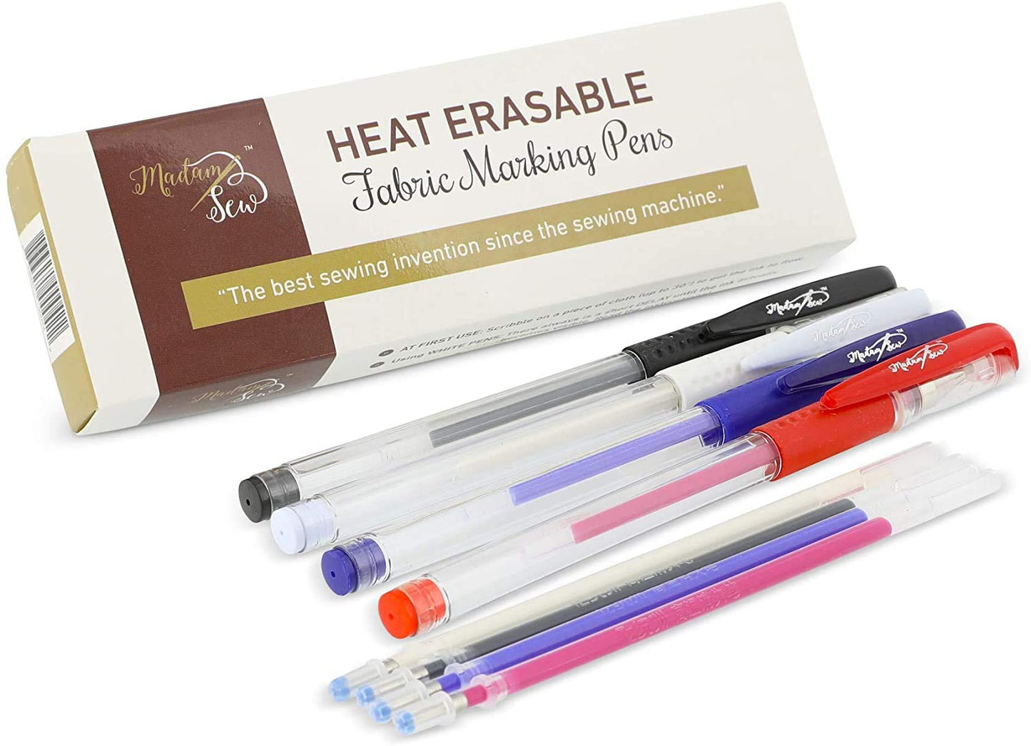 Madam Sew Heat Erasable Fabric Marking Pens for Sewing and Quilting | Fabric Markers for Sewing, Embroidery, Dressmaking with 4 Pens + 4 Refills | No Ghost Lines, Disappearing Ink for Precise Marking