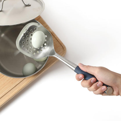 Calphalon Edge Stainless Steel Slotted Spoon/Skimmer, Kitchen Strainer Spoon, Skimmer with Silicone Heat Resistance Handle, Slotted Cooking Tool for Draining and Skimming (Blue)