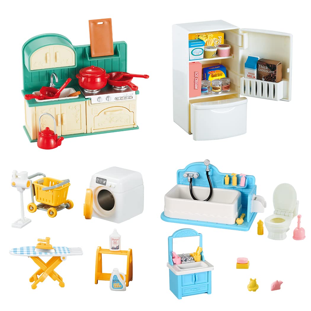 TAKIHON Dollhouse Furniture, Kitchen & Bathroom Toy Set,Fridge Washing Machine Set for Kids,Dollhouse Miniature Accessories,Educational Pretend Play Toys for Toddler,Boys & Girls