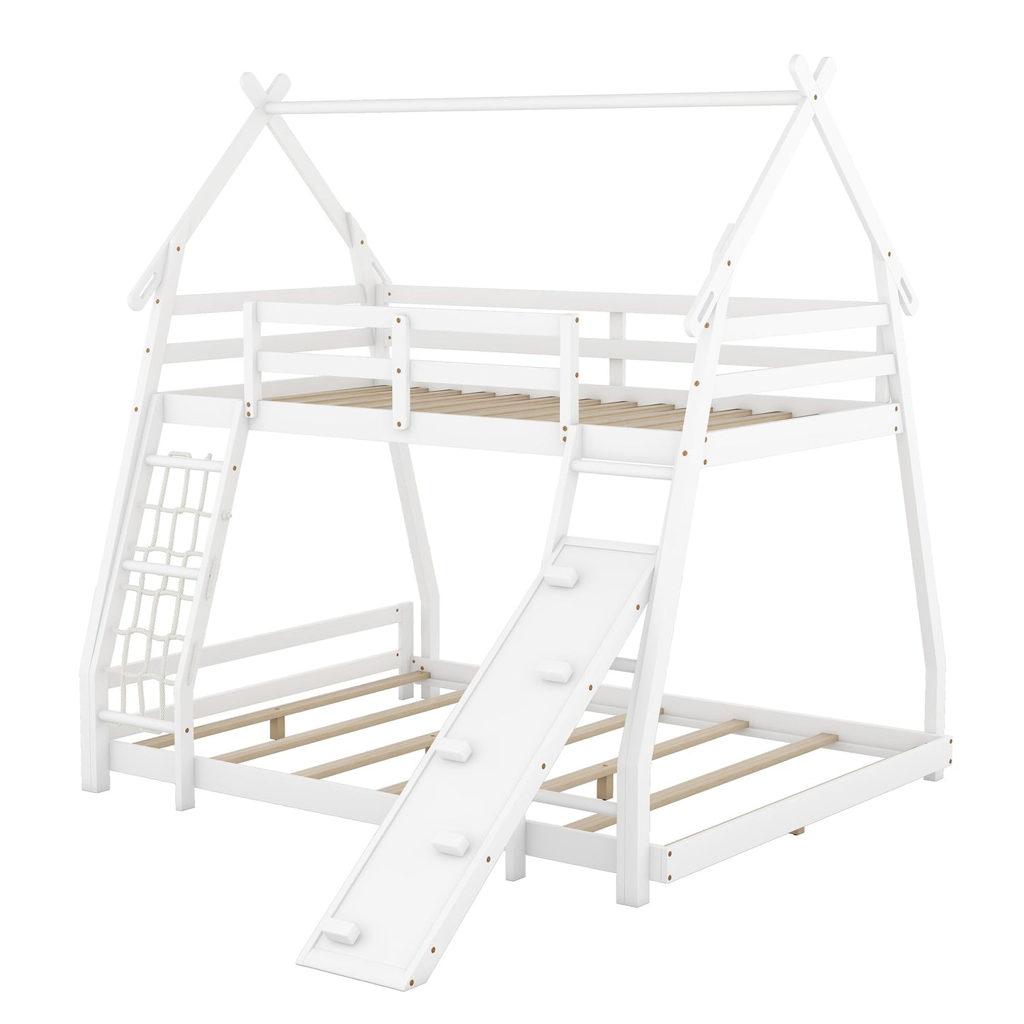 Bellemave Bunk Bed Twin Over Queen with Slides and Stairs, House Bunk Bed with Climbing Nets and Climbing Ramp for Kids, Teens, White
