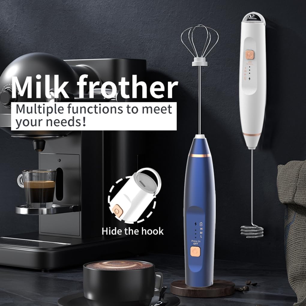 Milk Frother Handheld Foam Maker, 3 Speed Rechargeable Electric Blender with 2 Stainless Stirring Heads for Lattes