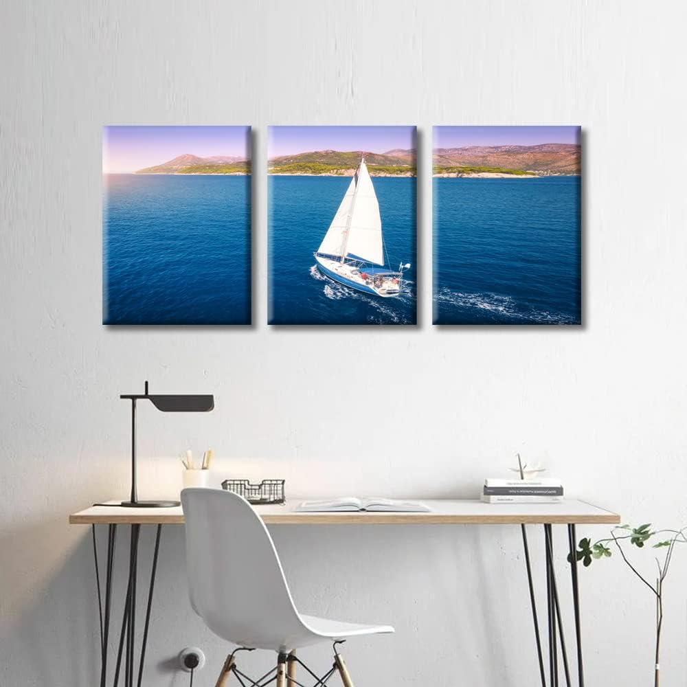 TUMOVO Aerial View of Sailboat in Sea | Modern Wall Art Seascape Canvas for Living Room, Bedroom Decor