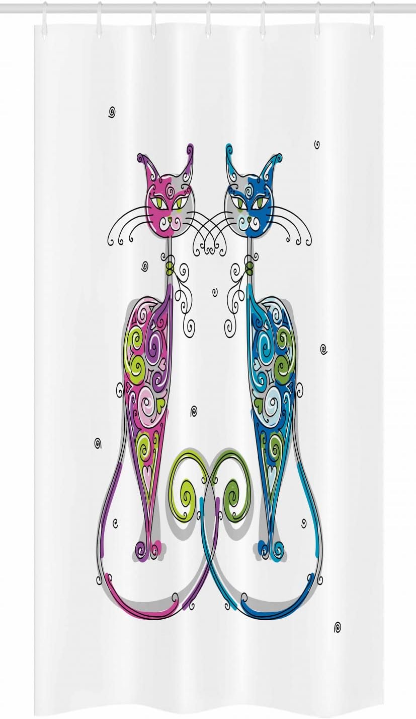 Ambesonne Cat Stall Shower Curtain, Couple of Cats Floral Friends Ornament, Fabric Bathroom Decor Set, 36" W x 72" L