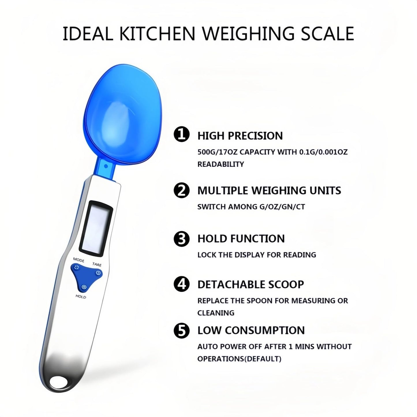 Yoidesu Digital Kitchen Scale, Electronic Gram Measuring Spoon, 500g/0.1g Blue Cute Digital Weight Scale Spoon with 3 Measuring Spoons for Portioning Milk, Tea, Flour, Spices, Medicine