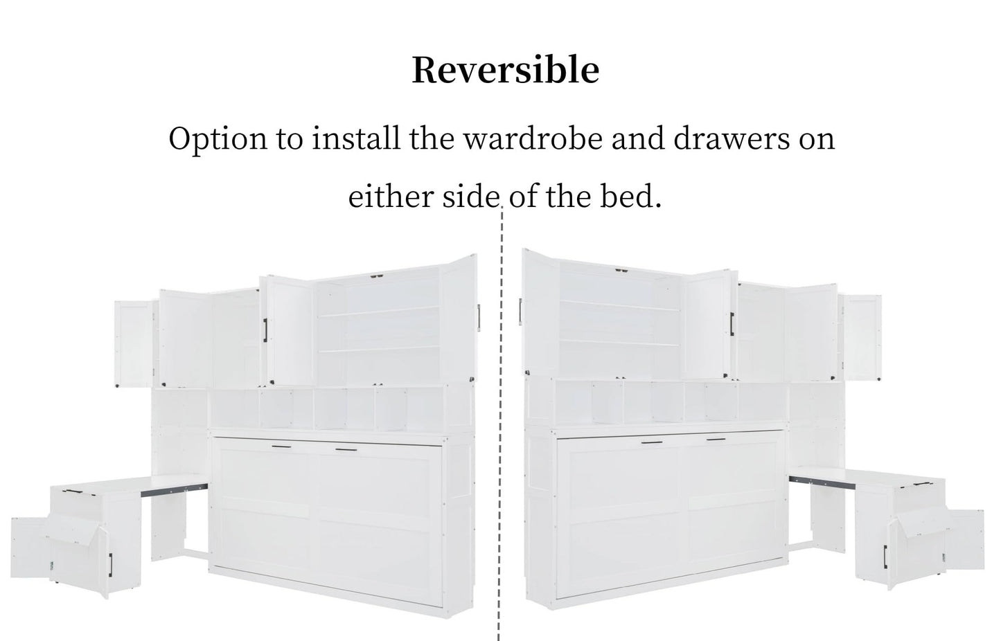 Merax 90.4"H Twin Size Murphy Bed Cabinet With Built-in Desk, Storage Closet, Drawers & Shelves, Wood Foldable Hidden Wall Platform Bedframe For Home, Bedroom, Small Room, Apartment, Reversible, White