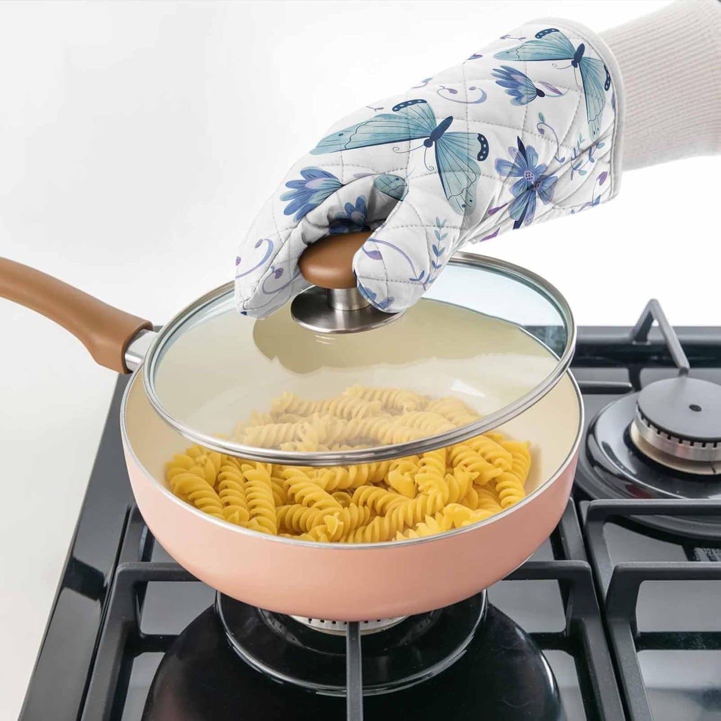 Chic D Kitchen Oven Mitts Gloves and Pot Holders Sets, Blue Butterfly Flowers Heat Resistant Non-Slip for Cooking, BBQ,