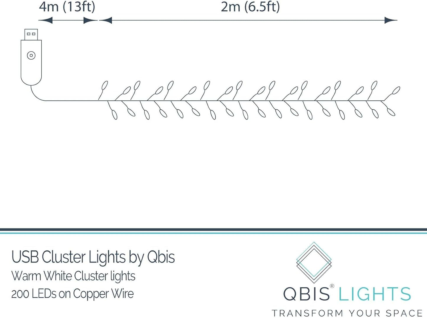 200 Qbis Warm White Cluster Lights on Thin Copper Wire, Micro LED USB Plug in Christmas Fairy Lights, Timer, Multi