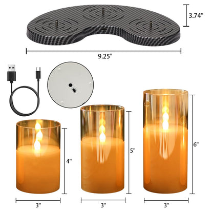 GenSwin Rechargeable Candles with Charging Station, Glass Battery Operated Flamless Candles with Remote Timer, LED Pillar Flickering Candle for Halloween Christmas Wedding Home Decor(Pack of 3, Gold)