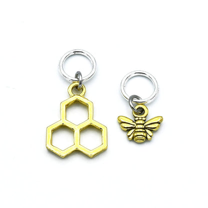 Honey Bee Knitting Stitch Markers with Storage Tin | Ring Style Closed Rings | Bee & Honeycomb Charms for Knitters | Gift for Yarn Lovers | Handmade by Pretty Warm Designs