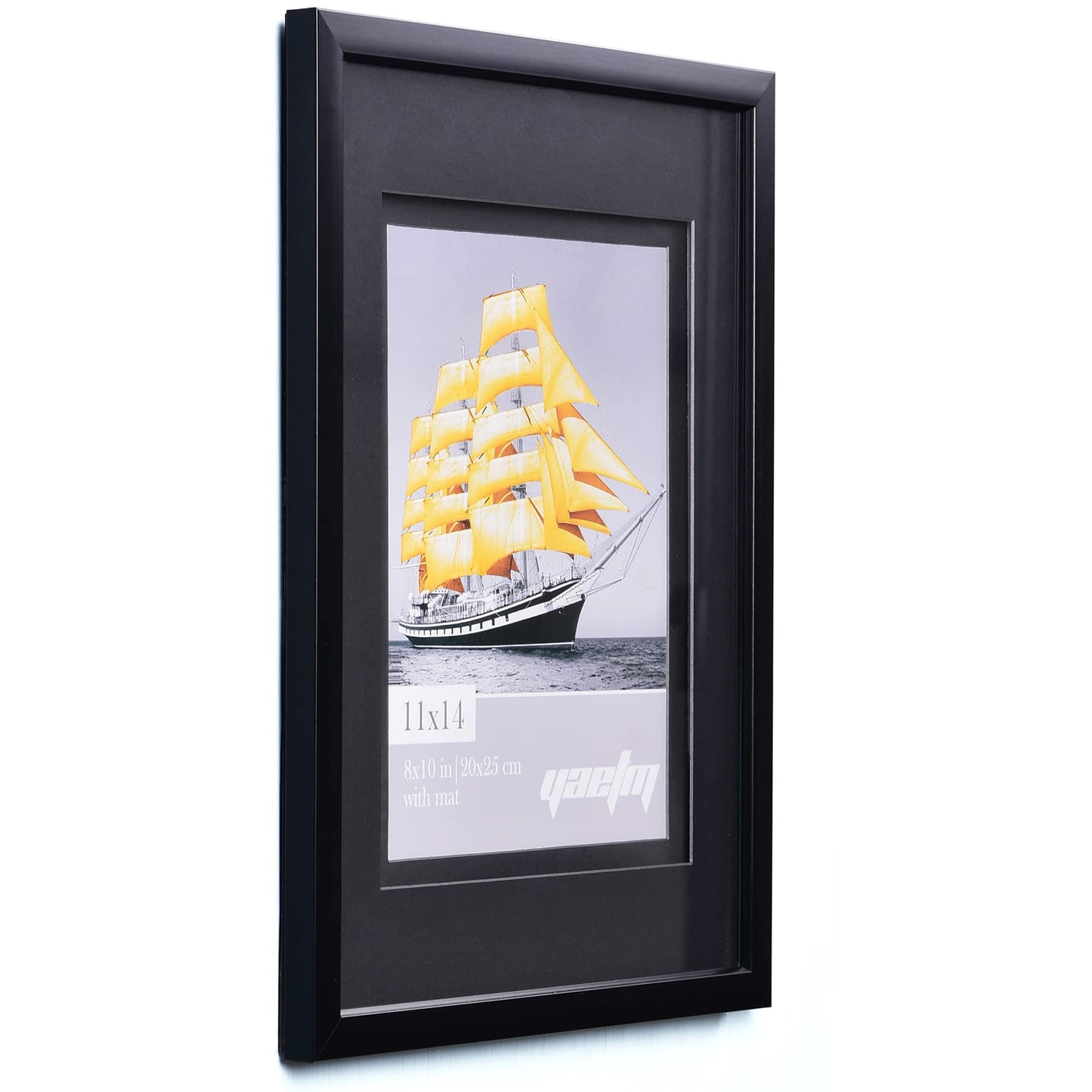 Yaetm 11x14 Double Floating Mat Picture Frame Set of 2, Display Picture 8x10 with Black Double Mat, Polished High Definition Real Glass, Wall Mounting Photo Frames, Black