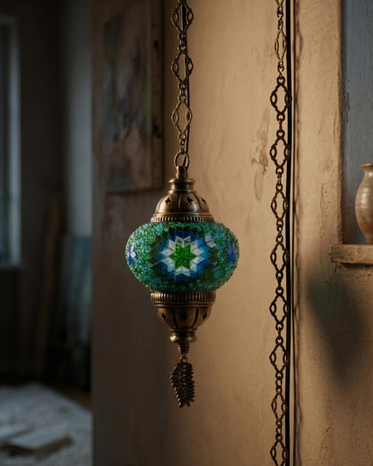 DEMMEX DIY Turkish Mosaic Plug-in Hanging Lamp Kit – NO Grout or Plaster, Beginner-Friendly – Complete Tiffany Mosaic Glass Light-Making Craft Project Kit for Adults and Teens (Turquoise&Green)