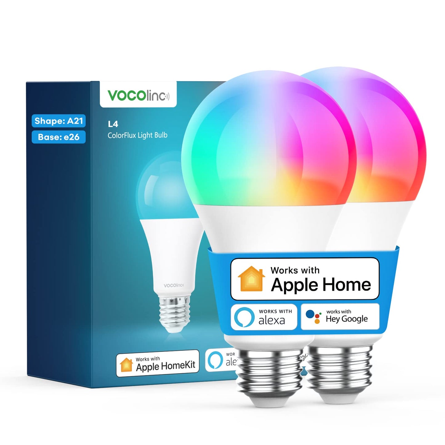 VOCOlinc Smart Light Bulb Works with Apple Homekit, Alexa, Google Home, Dimmable WiFi Smart Bulbs, 850 Lumens, E26 LED Smart Bulb 60 Watt Equivalent, A21, 2200K-7000K RGBW, 9.5W, 1 Pack