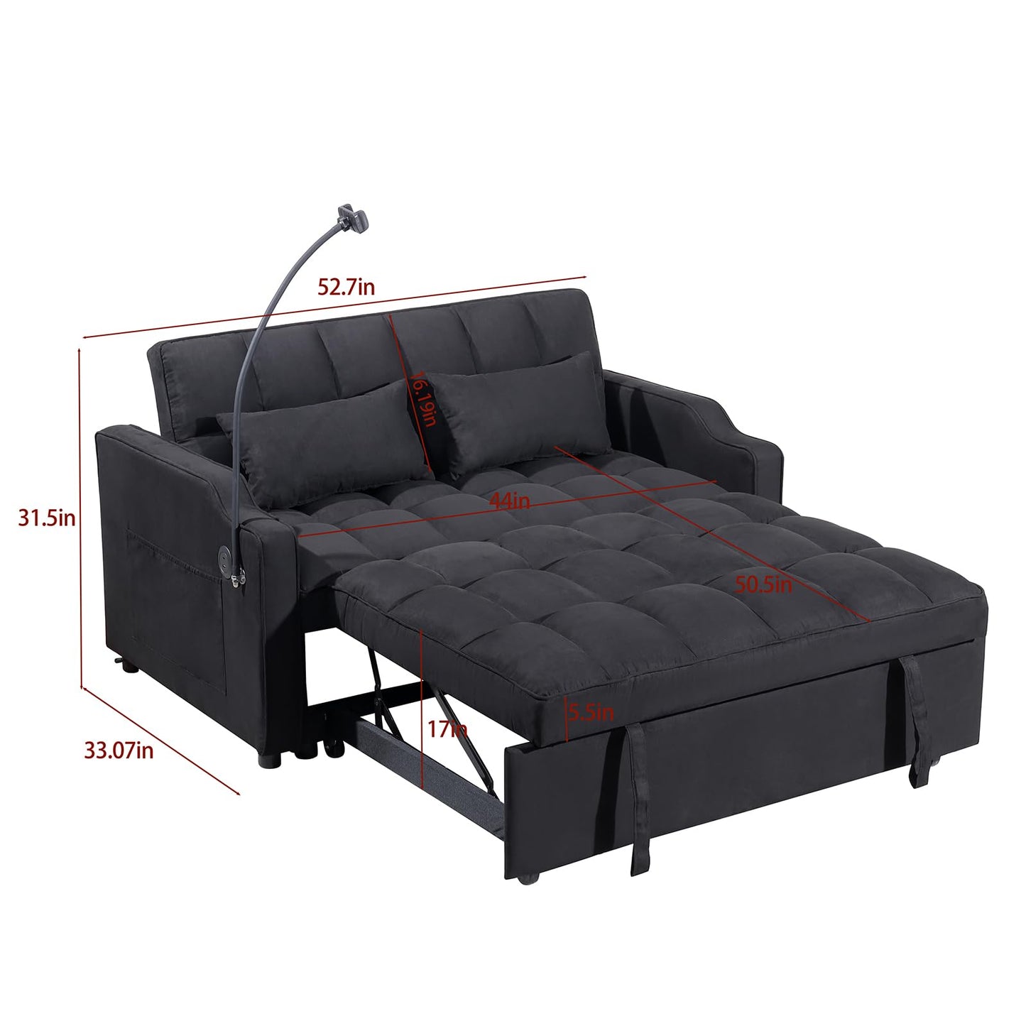 KEIKI 53" 3-in-1 Multifunctional Sofa Bed with Adjustable Backrest, Foldable Futon Couch with USB Port & Swivel Phone Holder, Compact Loveseat Sleeper Sofa for Guest Room Home Office & Bedroom
