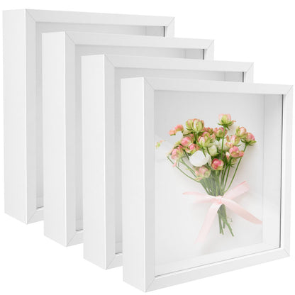 4 Pack 8"x 8" Shadow Boxes Frame Display Cases Wood Deep Shadowbox for Photos, Dried Flowers, Handicrafts Picture Frames for Wall Tabletop (White, 8x8)