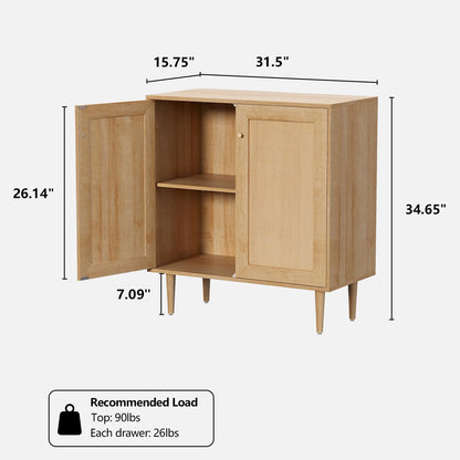 MoomJiee Rattan Door Storage Cabinet with Adjustable Shelves, Set of 2 New Wood Buffet Cabinet with Magnetic Design, Large Buffet Sideboard for Kitchen Living Room, Natural Oak