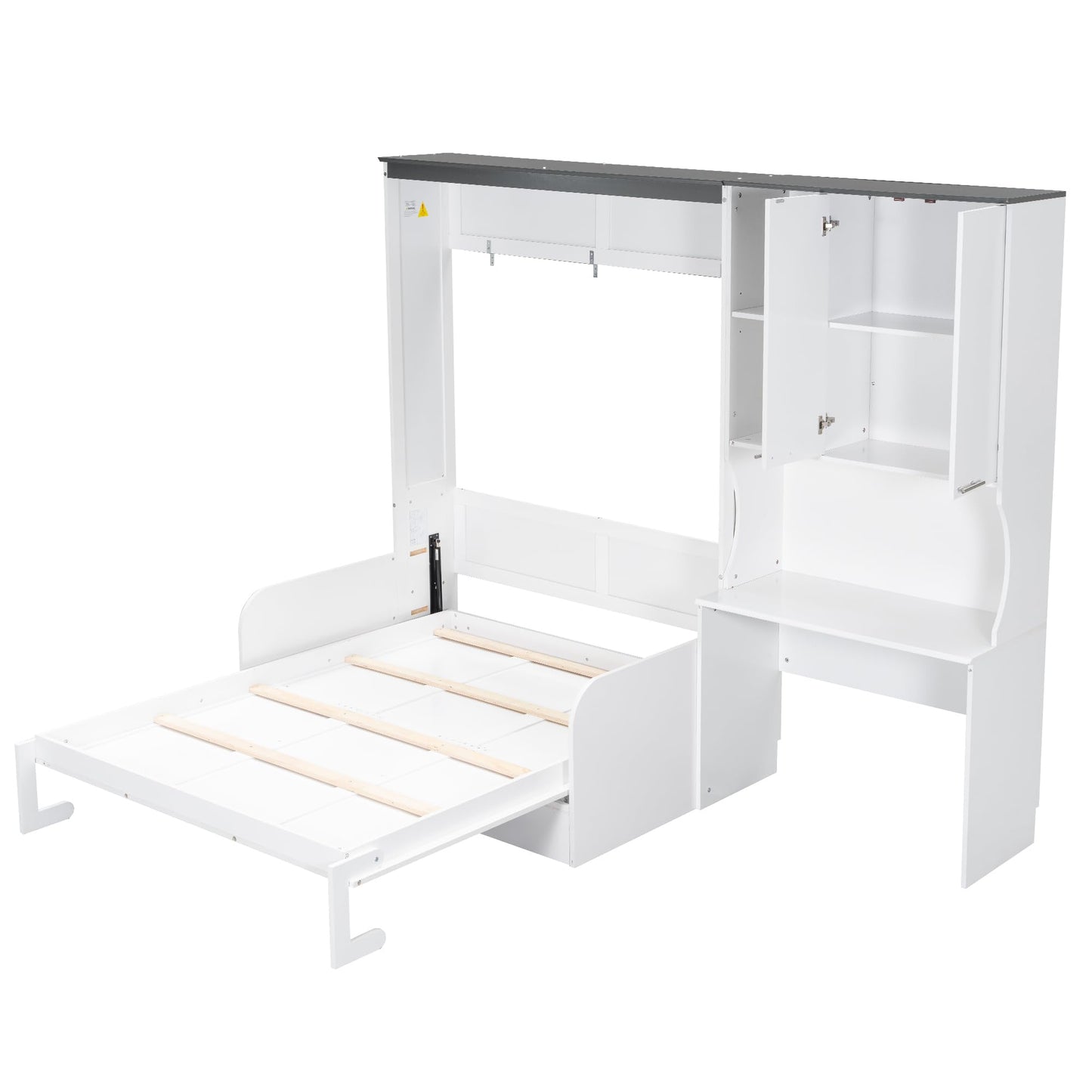 Merax Farmhouse Multi-Functional Murphy Bed with Sofa, Desk & Storage Cabinet,Solid Wood Foldable Wall Bed/Space Saving/No Box Spring Needed/Full,White + Gray