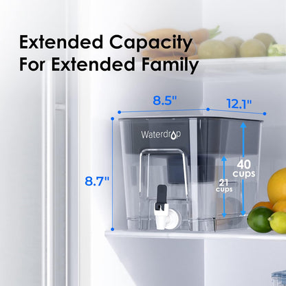 Waterdrop WFD-22L Large Water Filter Dispenser, 40-Cup Water Filter Pitcher, 200-Gallon Long-Life, Reduces Chlorine, PFOA/PFOS and More, BPA Free, Black
