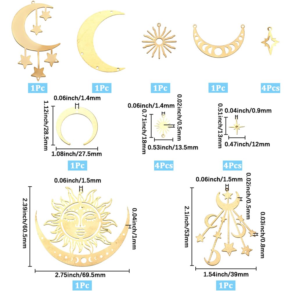 SUNNYCLUE 1 Box 19Pcs 10 Styles Filigree Star Charms Flat Connector Link Charms Brass Gold Hollow Sun Moon Retro Vintage Joiners Links Pendants Findings for Jewelry Making Necklace Bracelet DIY Craft