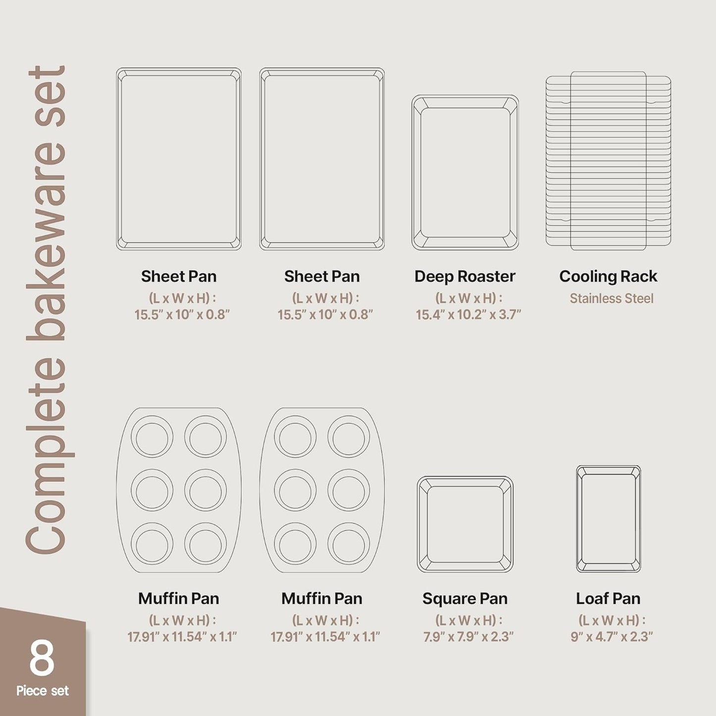 8-Piece Set BAKKENMASTER Deluxe Carbon Steel Bakeware - Nonstick White Marble Coating, Silicone Handles - Professional