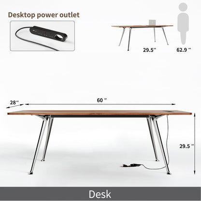 Writing Computer Desk, 60-Inch Large Executive Desk Office Workstation with Chrome-Plated Legs and Built-in Power Outlet, Writing Table Business Furniture, Modern Minimalist Style for Home Office