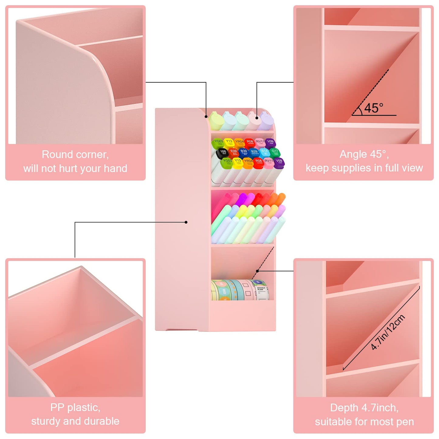 Asten Pen Holder, Pencil Holder for Desk, Pen Organizer for Office, School, Desktop, Large Capacity Pen Storage Organizer with 5 Compartment for Pens, Markers, Makeup Brush, Cosmetics (Pink, 3 Pack)