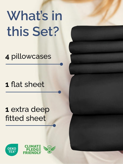 Skiennix Extra Deep Cal King Sheet Set | 6-Piece Breathable Cooling Bedding - Soft, Wrinkle-Free, Black