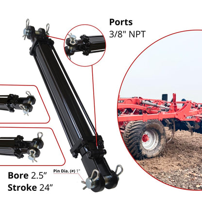 Magister Hydraulics Double Acting Hydraulic Cylinder - AG Tie-Rod Hydraulic Cylinder 2500 PSI Agriculture Standard 2.5" bore 24" Stroke (2.5x24)