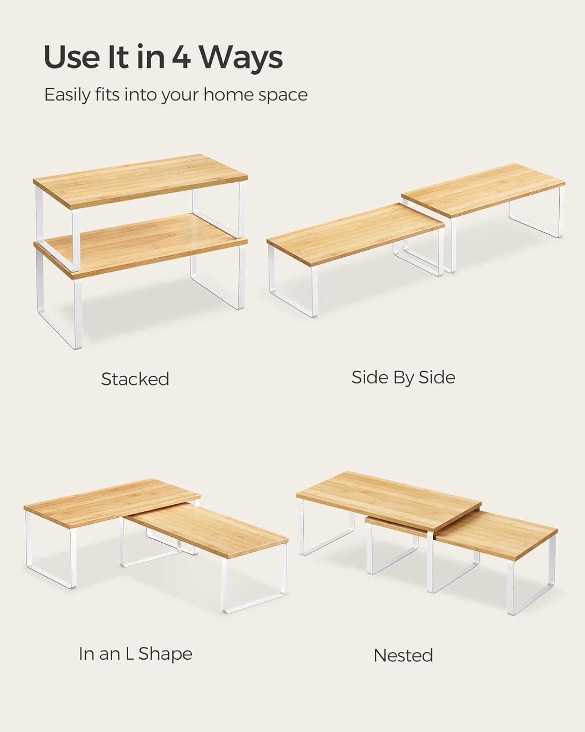 SONGMICS Cabinet Organizer Shelf, Set of 4 Kitchen Storage, Spice Rack, Stackable, Expandable, Metal and Engineered Wood