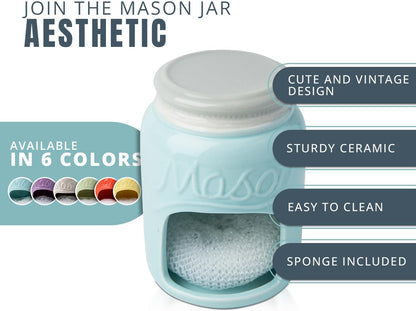 Comfify Ceramic Kitchen Sponge Holder, Farmhouse Style Sink Caddy, Aqua Blue, Includes Free Sponge